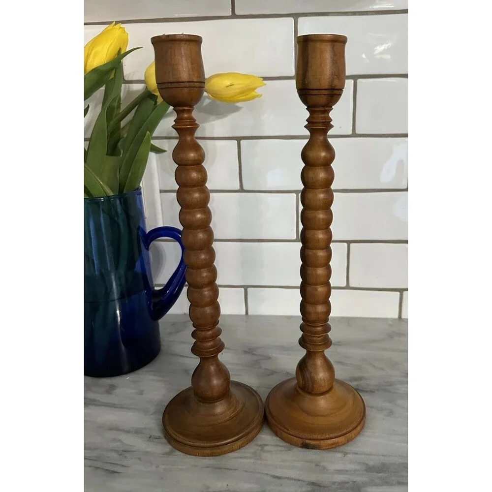 Vintage Wood Turned  Victorian Style Spindle Candlestick Holders Set 2 Indonesia